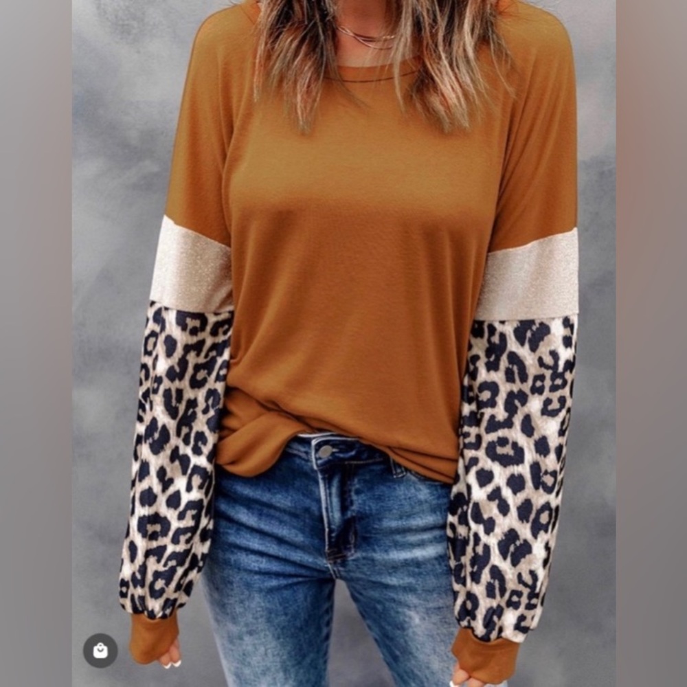 Shewin Burnt Orange Top With Leopard & Sparkly Sleeves NWT XXL.
